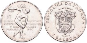 Panama, Republic, 5 Balboas Silver 1970, Central American & Caribbean Games - Discus thrower, KM 28, XF (some edgenicks)