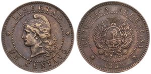 Argentina, Republic, 1 Centavo Bronze 1889, Capped liberty head left within beaded circle, KM 32, VF