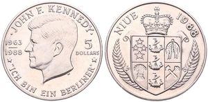 Niue, New Zealand Dependency, 5 Dollars Copper-Nickel 1988, John F. Kennedy - Ich bin ein Berliner, KM 17, UNC