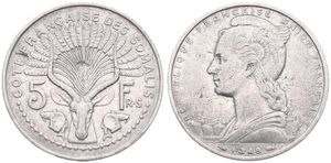 French Somaliland, Colony, 5 Francs Aluminum 1948, Winged head left, KM 6, A.VF