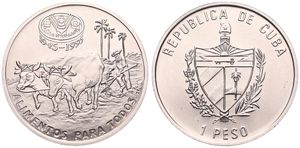 Cuba, Second Republic, 1 Peso Nickel Bonded Steel 1995, 50th Anniversary of the F.A.O., KM 607, UNC