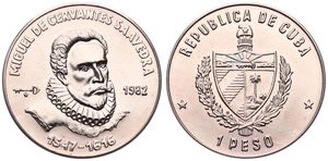 Cuba, Second Republic, 1 Peso Copper-Nickel 1982, Miguel De Cervantes, KM 91, UNC