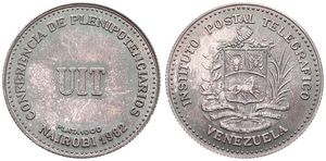 Venezuela / Kenya, Republic, Medal in Silver 1982, Conferencia de Plenipotenciarios UIT Nairobi Plata 1000 / Instituto Postal Telegrafico Venezuela, National arms, UNC