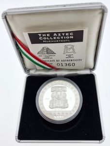 Mexico, Estados Unidos, 100 Pesos Silver 1992, The Aztec Collection - Huehueteotl, KM 564, PROOF 