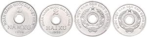 Vietnam North, Independent Communist State, 2 & 5 Xu Aluminum 1958, Center hole within arms, KM 6/7, UNC