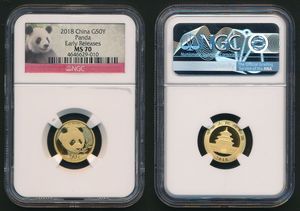China, Peoples Republic, 50 Yuan Gold 2018, Panda holding a bamboo branch in his paw, KM New, NGC Graded MS70 (*)