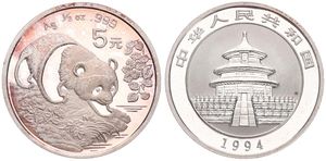 China, Peoples Republic, 5 Yuan Silver 1994, Panda approaching water, KM 621, B.UNC