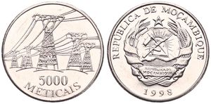 Mozambique, Republic, 5000 Meticais Nickel Clad Steel 1998, High power electric lines, KM 124, UNC
