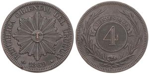 Uruguay, Republic, 4 Centesimos Bronze 1869A, Radiant sun face, KM 13, VF (edgenicks)