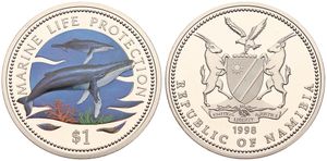 Namibia, Republic, 1 Dollar Copper-Nickel 1998, Marine Life Protection - Multicolor Whale and calf, KM 12, PROOF
