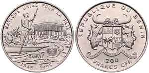 Benin, Peoples Republic, 200 Francs Copper-Nickel ND (1995), 50th Anniversary of the United Nations, KM 16, UNC