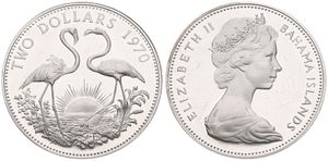 Bahamas, Commonwealth, Elizabeth II, 2 Dollars Silver 1970, Two Flamingos, KM 9, PROOF