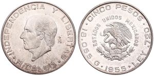 Mexico, Estados Unidos, 5 Pesos Silver 1955, Head of Hidalgo left, KM 469, A.UNC