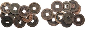 Japan, Shogunate, Cast Coinage, Mixed Reigns, Good lot with 10 ancient cast copper 1 Mon coins in various grades...
