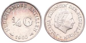 Netherlands Antilles, Dutch Administration, Juliana, 1/4 Gulden Silver 1960, Head right, KM 4, A.UNC