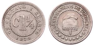 Colombia, Estados Unidos, 1-1/4 Centavos Copper-Nickel 1874, National arms within beaded circle, KM 173, XF