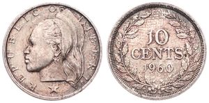 Liberia, Republic, 10 Cents Silver 1960, Head with headdress left above star, KM 15, UNC