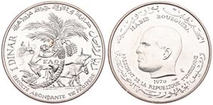 Tunisia, Republic, 1 Dinar Silver 1970, F.A.O. - Coconut tree, oxen and farmer in tractor, KM 302, UNC