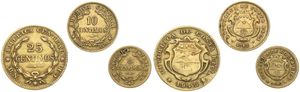 Costa Rica, Republic, 5, 10 & 25 Centimos Yellow Brass 1942-1947, National Arms, KM 179/181, VF/XF