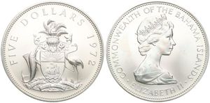 Bahamas, Commonwealth, Elizabeth II, 5 Dollars Silver 1972, National arms with supporters, KM 33, UNC