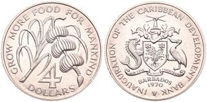 Barbados, Commonwealth, 4 Dollars Copper-Nickel 1970, F.A.O. - Sugarcane and banana tree branch, KM A9, UNC