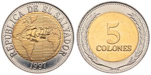 El Salvador, Republic, 5 Colones Bi-Metallic 1997, Ships of Columbus sailing west, KM 162, RARE, UNC (not released for circulation !)