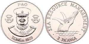 Tonga, Kingdom, Taufa'ahau Tupou IV, 2 Pa'anga Copper-Nickel 1979, F.A.O. - SEA Resource Management - Humpback Whale, KM 61, B.UNC