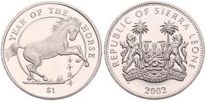 Sierra Leone, Republic, 1 Dollar Copper-Nickel 2002, Year of the Horse, KM 256, UNC 