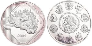 Mexico, Estados Unidos, 5 Pesos Silver 2001, Endangered Wildlife - Jaguar, KM 658, UNC