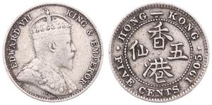 Hong Kong, British Colony, Edward VII, 5 Cents Silver 1905H, Crowned bust right, KM 12, VF