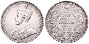 India-British, Colony, George V, 1 Rupee Silver 1912, Crowned bust left, KM 524, XF