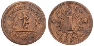 United States of America, Republic, Token in Copper ND (1861-1865) by Bridgens, Civil War Token Knickerbocker Currency, Man walking left within circle / 1 Cent in circle, VF