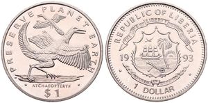 Liberia, Republic, 1 Dollar Copper-Nickel 1993, Prehistorical Animals - Atchaeopteryx, KM 112, UNC