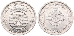 Angola, Portuguese Colony, 10 Escudos Silver 1955, National arms, KM 73, B.UNC