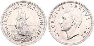 South Africa, British Colony, George VI, 5 Shillings Silver 1952, 300th Anniversary of the Founding of Capetown - Schooner in harbor, KM 41, UNC (small edgenick)