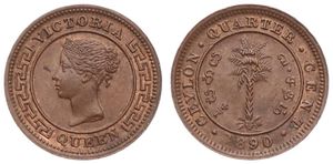 Ceylon, British Colony, Victoria, 1/4 Cent Copper 1890, Head left within circle, KM 90, A.UNC