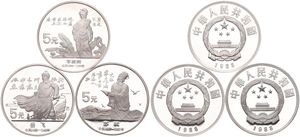 China, Peoples Republic, Set : 3 x 5 Yuan Silver 1988, Chinese Song Dynasty Figures, KM 207/208 & 210, PROOF 