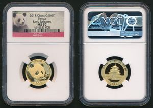 China, Peoples Republic, 100 Yuan Gold 2018, Panda holding a bamboo branch in his paw, KM New, NGC Graded MS70 (*)
