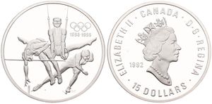 Canada, Confederation, Elizabeth II, 15 Dollars Silver 1992, Olympics - High Jump, Rings & Speed Skating, KM 216, PROOF