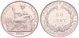 French Indo-China, Colony, 50 Cents Silver 1936, Liberty seated left with fasces, KM 4a.2, A.UNC