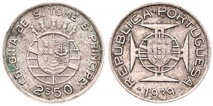 Saint Thomas & Prince, Portuguese Colony, 2-1/2 Escudos Silver 1939, National arms, KM 5, RARE KEY DATE !, VF+