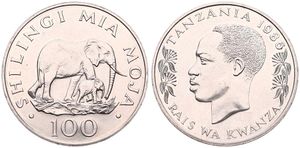 Tanzania, Republic, 100 Shilingi Copper-Nickel 1986, Conservation - Elephant mother and calf, KM 18, UNC