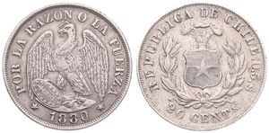 Chile, Republic, 20 Centavos Silver 1880, Condor with spread wings, KM 138.2, VF/XF