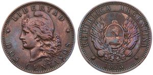 Argentina, Republic, 2 Centavos Bronze 1893, Capped liberty head left, KM 33, XF