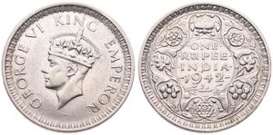 India-British, Colony, George VI, 1 Rupee Silver 1942, Crowned head left, KM 557.1, VF