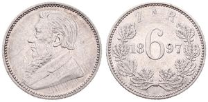 South Africa, Republik, 6 Pence Silver 1897, Bust of Paul Kruger left, KM 4, VF