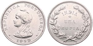 India-Portuguese, Colony, 1 Rupia Silver 1912/1, Liberty head left, KM 18, SCARCE OVERSTRIKE, XF