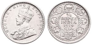 India-British, Colony, George V, 1/4 Rupee Silver 1919, Crowned bust left, KM 518, XF