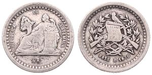 Guatemala, Republic, 1/2 Real (Medio) Silver 1879D, Liberty seated left, KM 152, VF