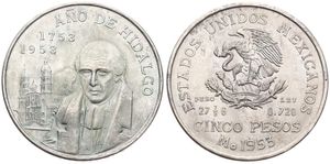 Mexico, Estados Unidos, 5 Pesos Silver 1953, Bicentennial of the Birth of Hidalgo, KM 468, A.UNC
